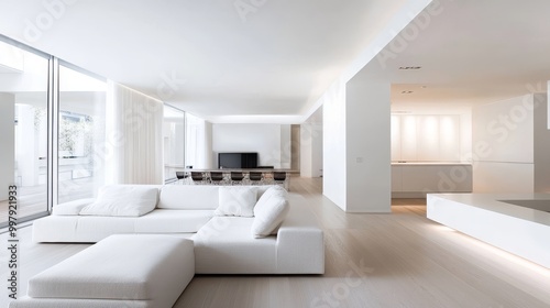 A contemporary Scandinavian minimalist living room. The spacious, uncluttered room features white walls and a minimalist white sofa.