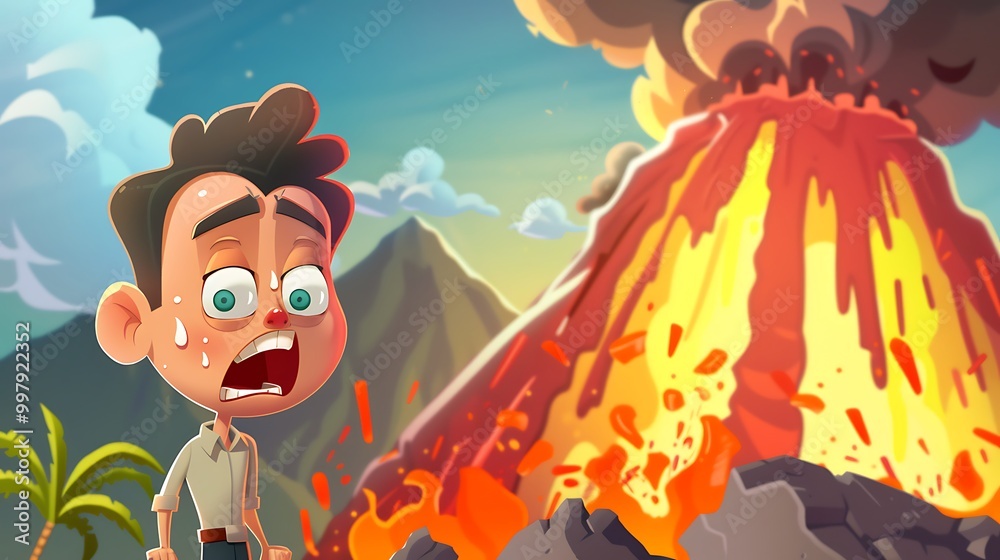 Cartoon Illustration of a Man Standing in Front of an Erupting Volcano Cartoon Illustration of a Man Standing in Front of an Erupting Volcano