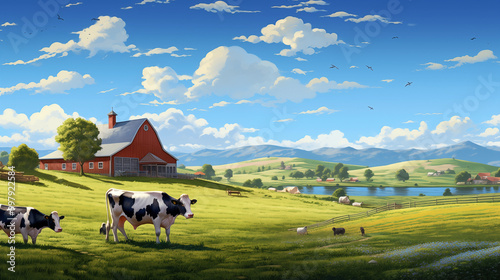 Red Barn on Green Pasture with Cows and Lake in Background