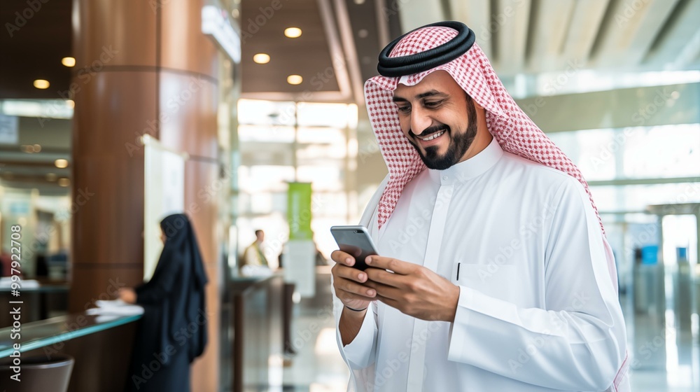 arab saudi emirates person smiling and holding a mobile office background arab saudi emirates person smiling and holding a mobile office background