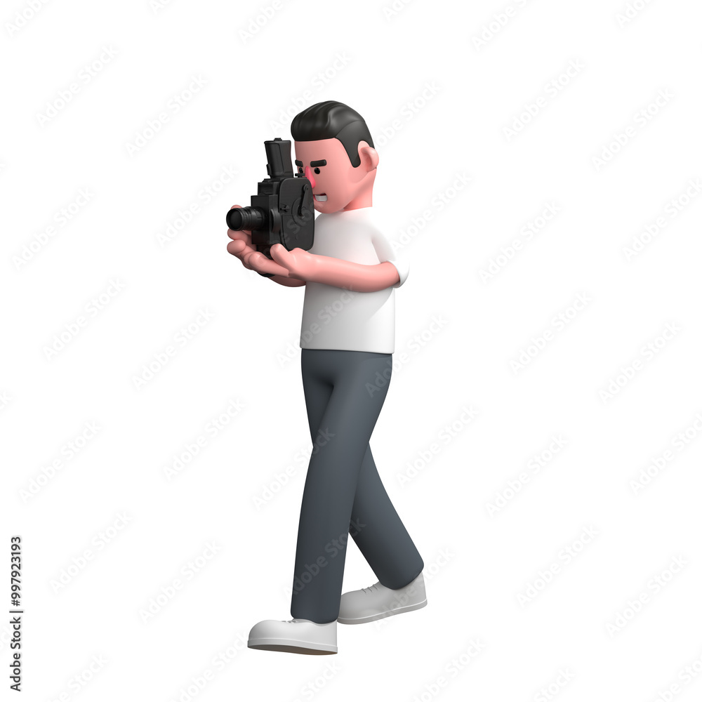 Male Photographer 3D Illustration. A male photographer is standing holding a camera with a serious and focused expression, as if documenting something important. Professional Male Photographer 3D Illustration. A male photographer is standing holding a camera with a serious and focused expression, as if documenting something important. Professional