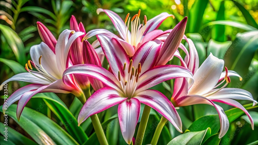 Naklejka premium A stunning Crinum Lily in full bloom, featuring luminous white petals and lush green leaves, illuminated beautifully by