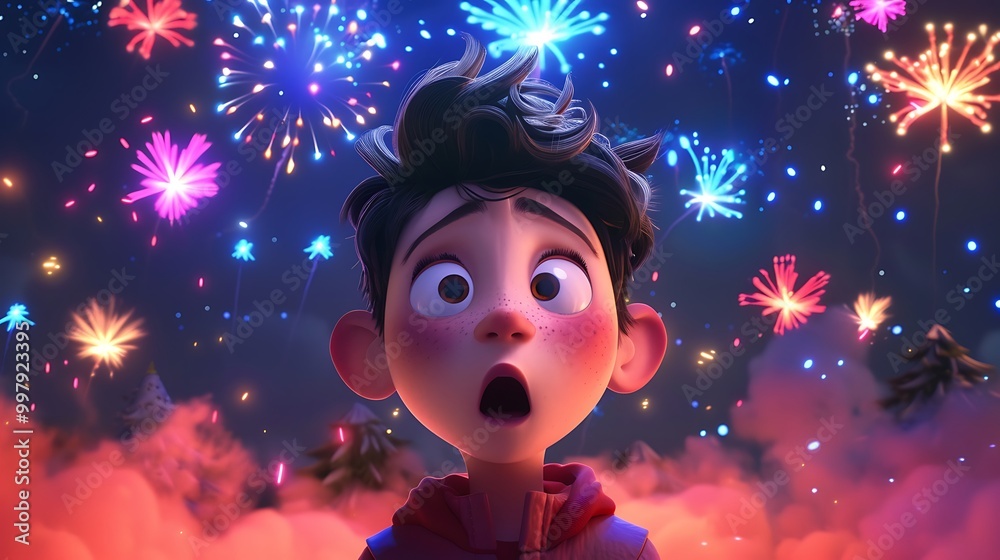 3D Illustration of a Boy Looking Up in Awe at Fireworks 3D Illustration of a Boy Looking Up in Awe at Fireworks