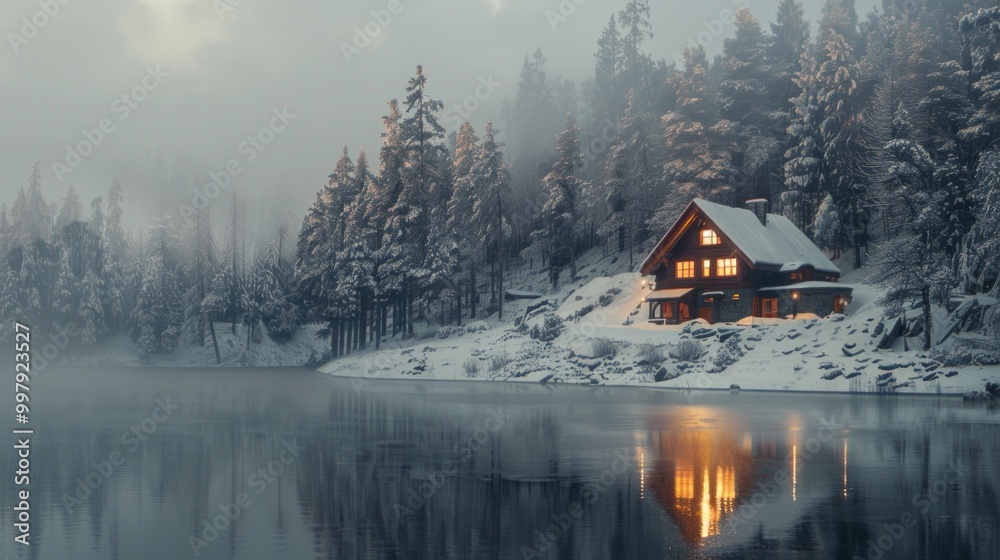 Fototapeta premium A house with a fireplace and a lake in the background