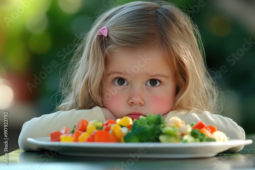 Little girl staring at plate of food. This photo can be used to illustrate picky eating, child nutrition, or healthy habits.