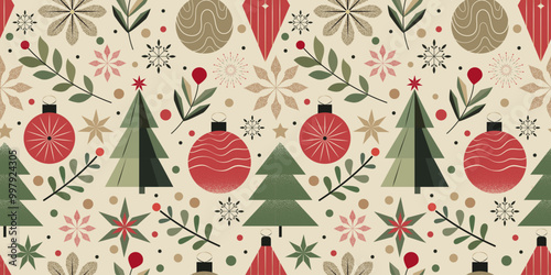 Seamless Christmas Pattern – Flat-Style Vector Design with Festive Ornaments, Leaves, and Stars on a Light Background. Ideal for Holiday Gift Wrapping, Seasonal Decor, and Digital Projects