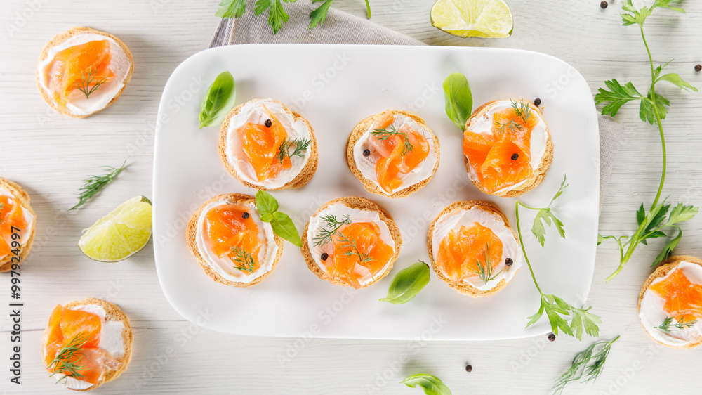 Assorted toasts with cream cheese, salmon, and smoked salmon. Ideal for buffet, catering, and healthy meal options, top view