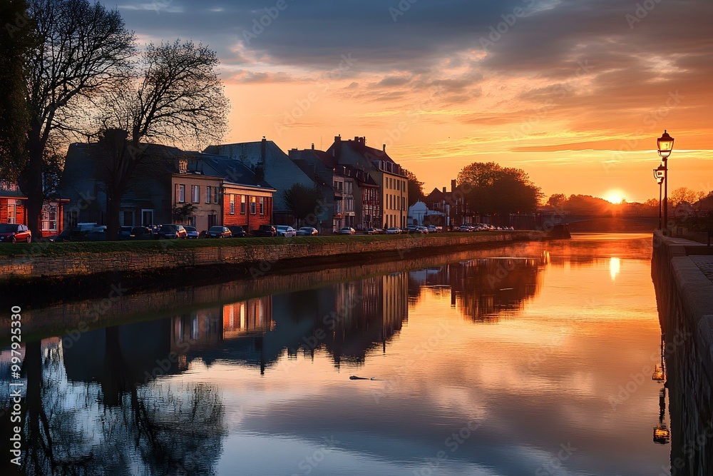 Obraz premium Historic town by the river at sunset