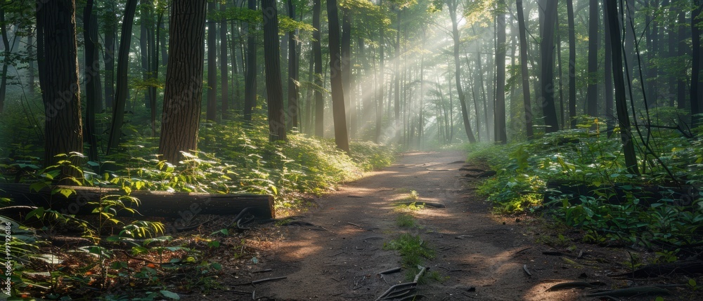 Obraz premium Sunlit Forest Path Through Tranquil Woods