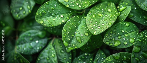 Fresh Raindrops on Green Leaves Close Up