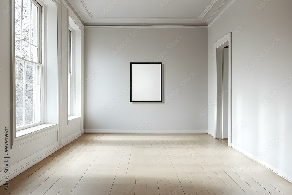 Empty room with a picture hanging on the wall Empty room with a picture hanging on the wall