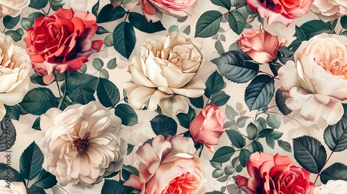 An elegant and sophisticated floral pattern featuring a variety of roses in full bloom. The soft, muted colors create a romantic and timeless look.
