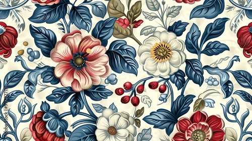 A seamless pattern of red, white, and blue flowers and leaves on a light blue background