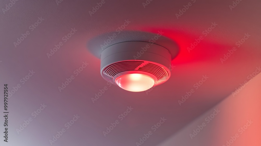 A smoke detector with a red indicator light mounted on a ceiling, signaling potential danger or alarm status. A smoke detector with a red indicator light mounted on a ceiling, signaling potential danger or alarm status.