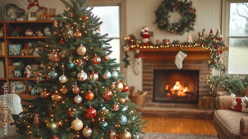 A vintage-themed Christmas tree with nostalgic handmade ornaments, retro string lights, and colorful glass baubles, placed in a living room filled with vintage holiday decor,