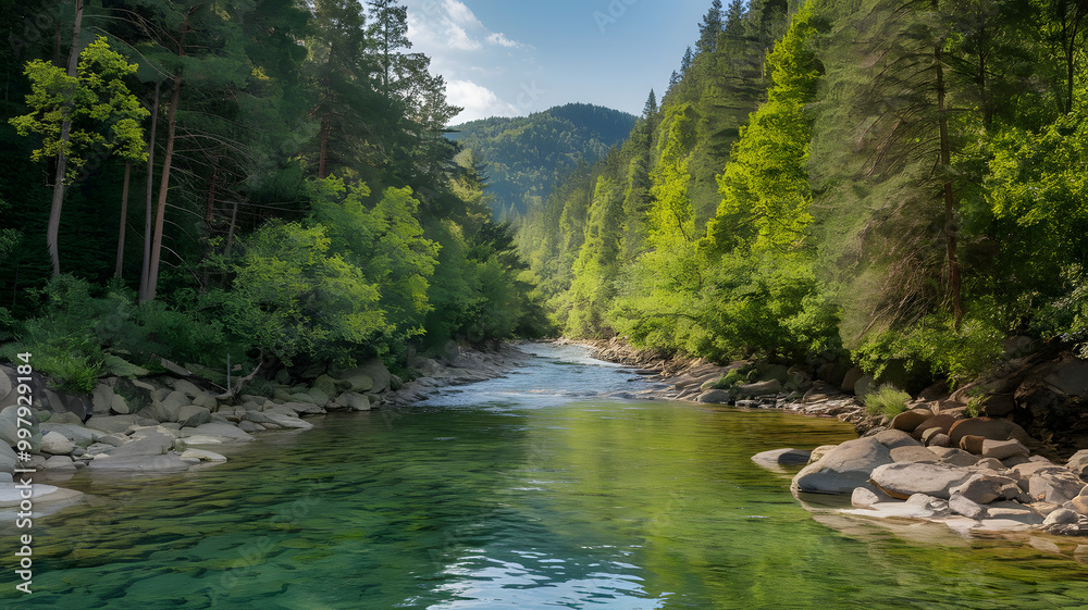 Fototapeta premium A crystal-clear river flowing through a dense, green forest, representing a natural habitat essential to many species. (indicates World Animal Day).