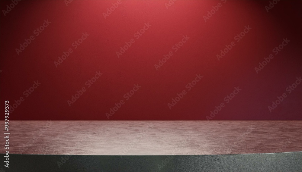 Studio with podium for product presentation. Empty floor and red wall with stand. 3D room with gradient background. Countertop with concrete or marble texture. red background Studio with podium for product presentation. Empty floor and red wall with stand. 3D room with gradient background. Countertop with concrete or marble texture. red background