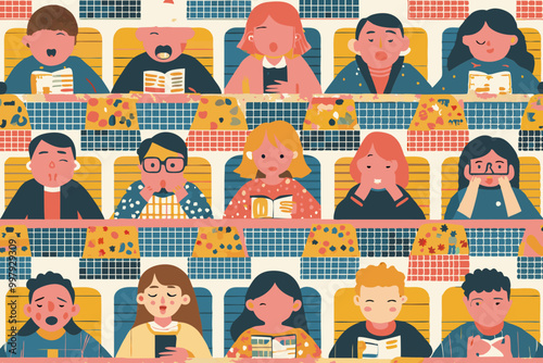 Colorful Illustration of Diverse People Engaged in Reading Activities
