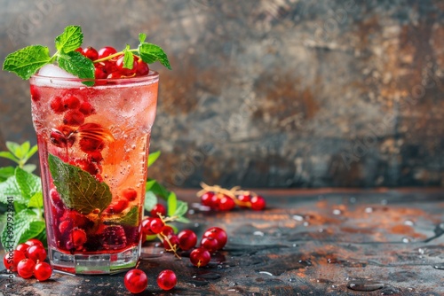 Mayhaw mojito with mayhaw berries and mint, served in a stylish glass, rustic background, copy space photo