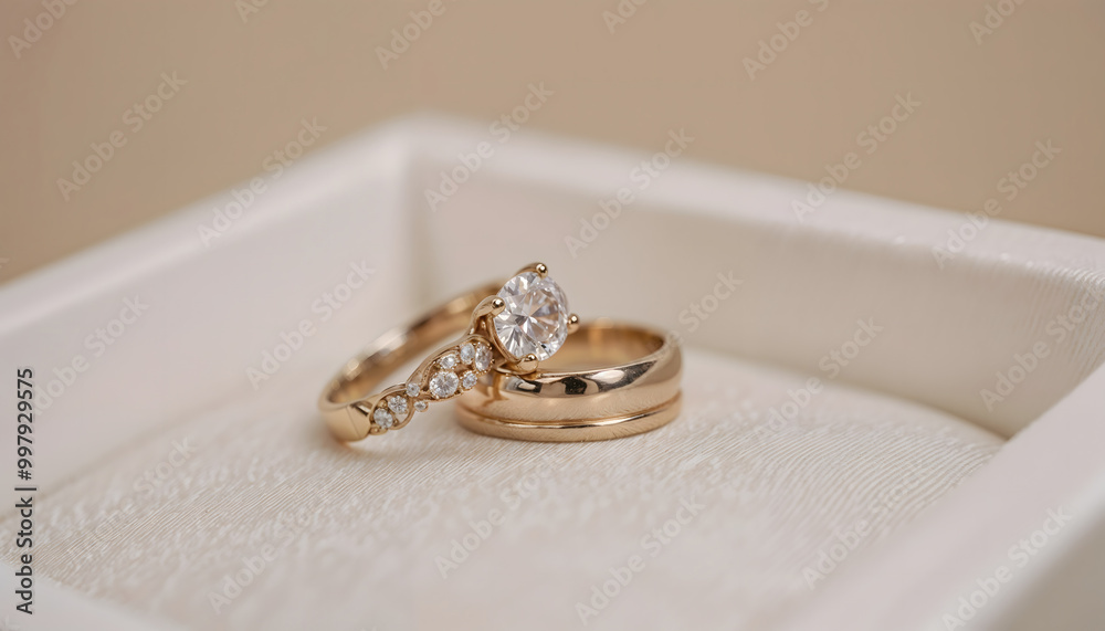 Close-up of gold wedding rings with diamond in elegant jewelry box Close-up of gold wedding rings with diamond in elegant jewelry box