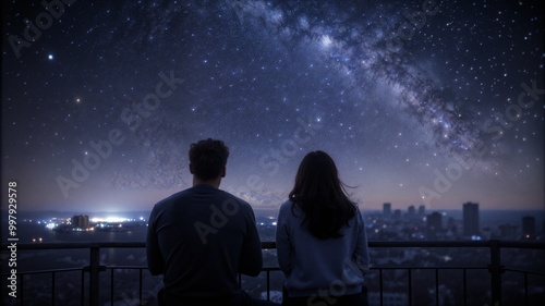 Couple watching the starry sky and cityscape from balcony at night