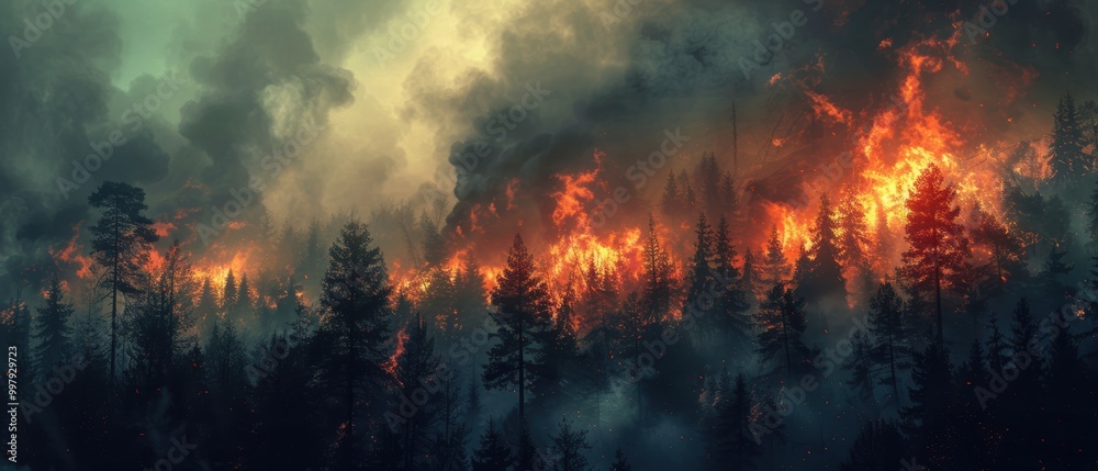 Intense Forest Fire with Towering Flames and Smoke Intense Forest Fire with Towering Flames and Smoke