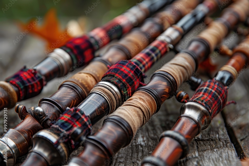 A row of old fashioned wooden instruments with plaid cloths on them