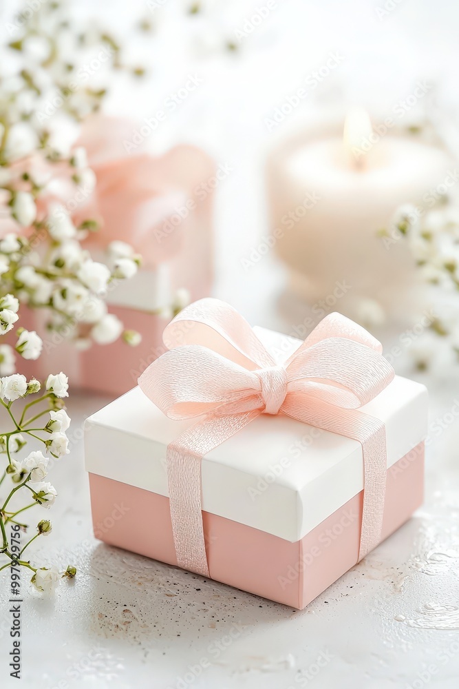 A charming soft pink gift box adorned with a delicate ribbon sits beside fresh flowers and a glowing candle, perfect for celebrations or special occasions. A charming soft pink gift box adorned with a delicate ribbon sits beside fresh flowers and a glowing candle, perfect for celebrations or special occasions.