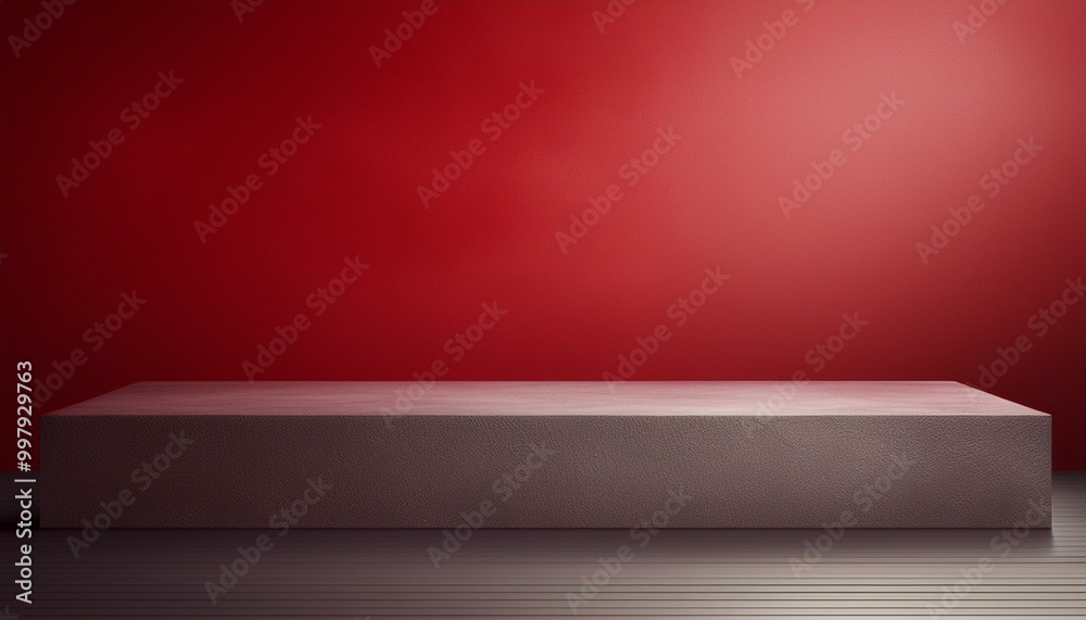 Studio with podium for product presentation. Empty floor and red wall with stand. 3D room with gradient background. Countertop with concrete or marble texture. red background Studio with podium for product presentation. Empty floor and red wall with stand. 3D room with gradient background. Countertop with concrete or marble texture. red background