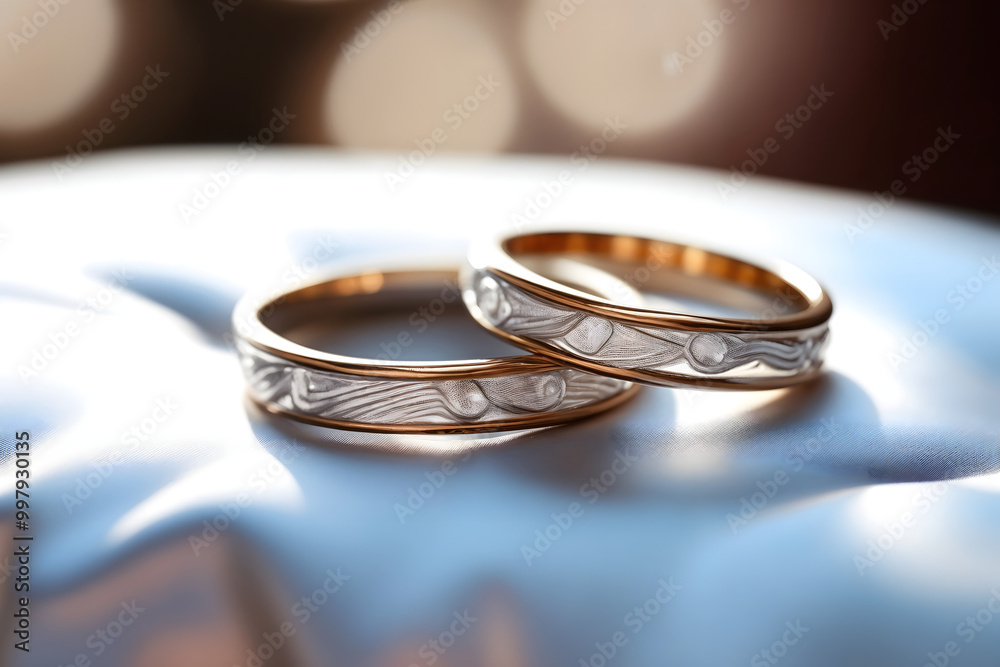 Close-up of unique gold wedding rings with intricate design on soft fabric Close-up of unique gold wedding rings with intricate design on soft fabric