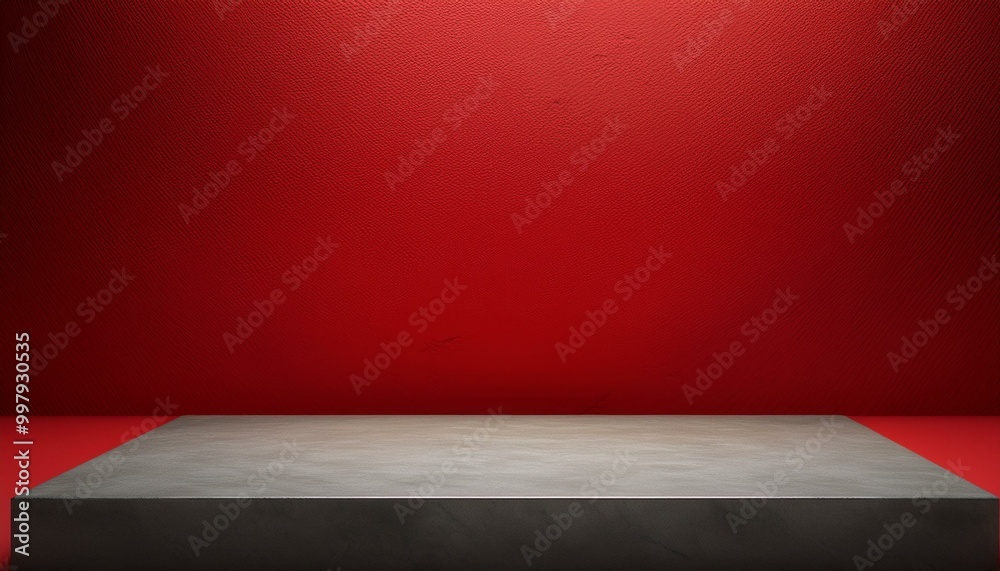 Studio with podium for product presentation. Empty floor and red wall with stand. 3D room with gradient background. Countertop with concrete or marble texture. red background Studio with podium for product presentation. Empty floor and red wall with stand. 3D room with gradient background. Countertop with concrete or marble texture. red background