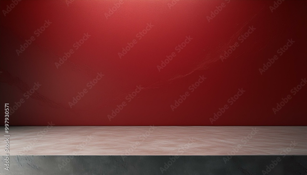 Studio with podium for product presentation. Empty floor and red wall with stand. 3D room with gradient background. Countertop with concrete or marble texture. red background Studio with podium for product presentation. Empty floor and red wall with stand. 3D room with gradient background. Countertop with concrete or marble texture. red background