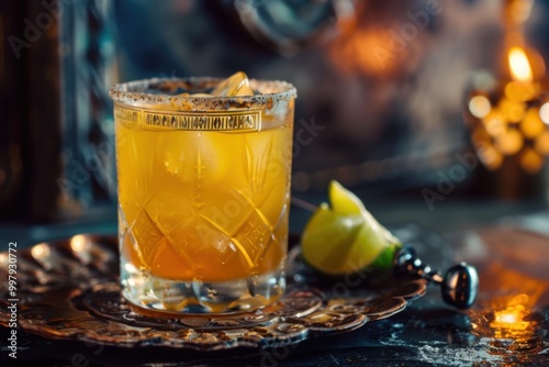 Mead Margarita with mead and lime, served in a highball glass, medieval background, copy space