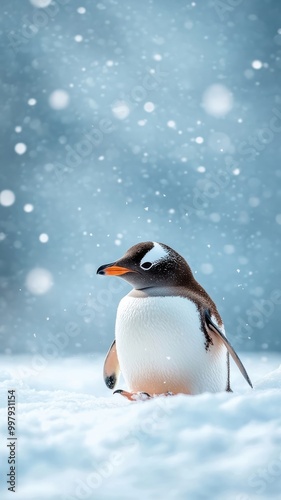 Charming penguin sliding across a snowy landscape, with snowflakes falling on its feathers and the wintery setting adding to the playful atmosphere.