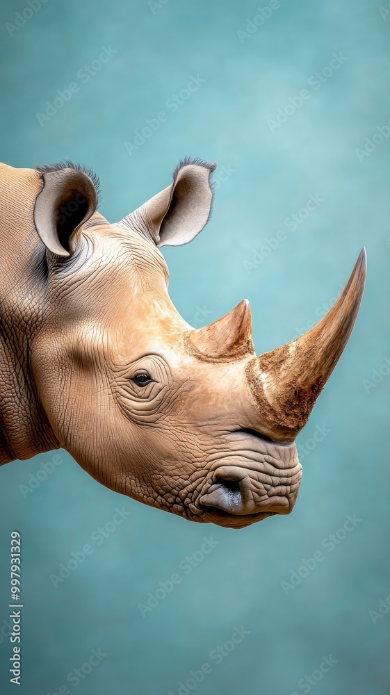 Obraz premium Professionally lit studio featuring a rhinoceros, with soft lighting highlighting its robust features and horn against a minimalistic backdrop.