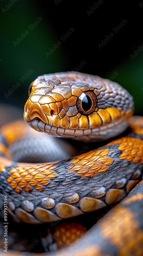 Professionally lit studio featuring a snake, with soft lighting emphasizing its detailed scales and elegant curves against a clean backdrop. Professionally lit studio featuring a snake, with soft lighting emphasizing its detailed scales and elegant curves against a clean backdrop.