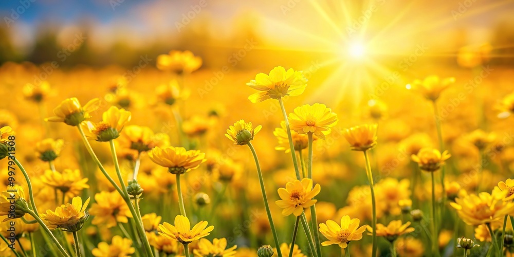 Fototapeta premium Field of yellow flowers with sunlight shining on them, extreme close-up