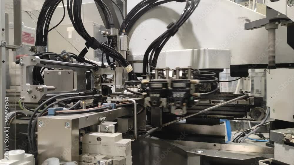 Industry. Production of auto wiring. Robots are automated. Wires and cables Industry. Production of auto wiring. Robots are automated. Wires and cables
