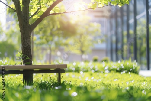 Fototapeta Naklejka Na Ścianę i Meble -  Office Background Green. Blurred Bench in Green Garden at Modern Ecology Office Building