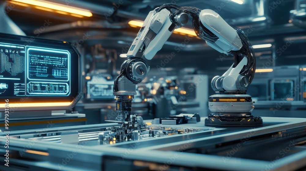A robotic arm assembles intricate machinery in a modern lab filled with advanced holographic technology and glowing panels. Generative AI A robotic arm assembles intricate machinery in a modern lab filled with advanced holographic technology and glowing panels. Generative AI