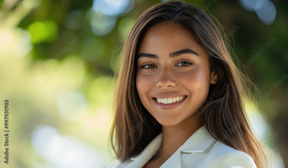 Woman in a white business suit is smiling confidently while standing outdoors. Background is soft blur of green trees and natural light, creating calm and professional atmosphere. Woman in a white business suit is smiling confidently while standing outdoors. Background is soft blur of green trees and natural light, creating calm and professional atmosphere.