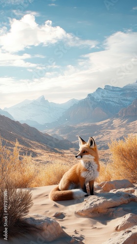 A fox traversing a dramatic desert landscape, with sandy dunes and rugged rocks, offering a stark contrast to its typical forest habitat. photo