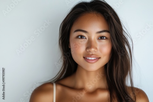 A senior Asian woman with shoulder-length hair poses in a bikini, exuding confidence and grace against a clean white background.