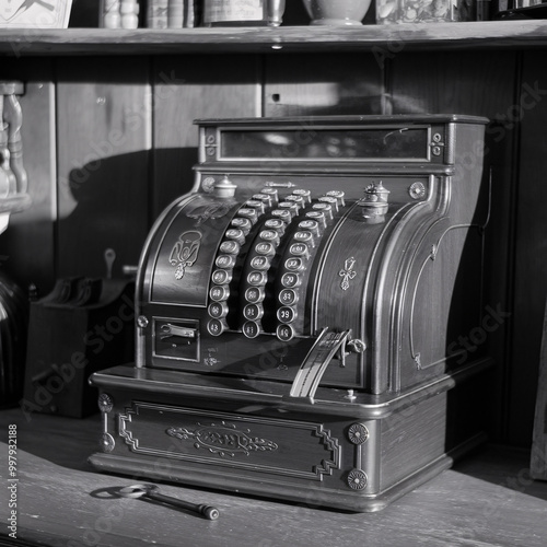 The vintage cash register, with its wooden body and brass accents, is a timeless success. A key and shadow add to the nostalgic scene. photo