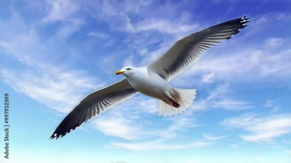 Seagull soaring gracefully through a bright blue sky with soft white clouds, video HD Seagull soaring gracefully through a bright blue sky with soft white clouds, video HD