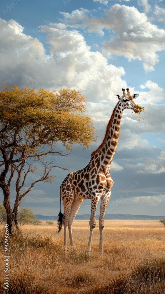 Obraz premium A giraffe enjoying a meal from the treetops, with the vast savanna spreading out below.