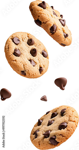Three Chocolate Chip Cookies Suspended in Air