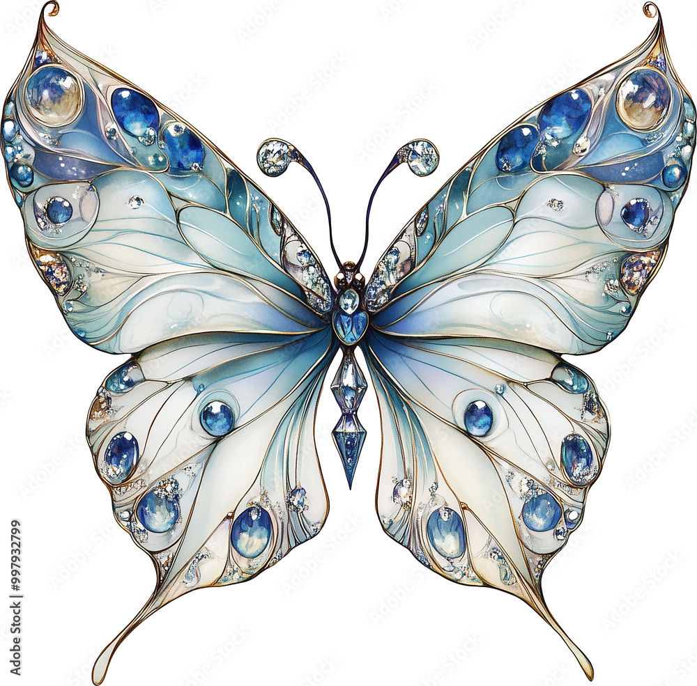 Naklejka premium A stunning butterfly with wings adorned with intricate patterns of gold and sparkling blue jewels. 