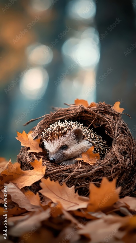 A hedgehog napping peacefully in a cozy burrow made of leaves and twigs. A hedgehog napping peacefully in a cozy burrow made of leaves and twigs.