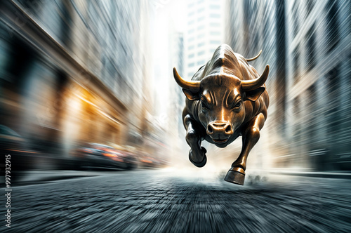 Bull market concept , bull running in the city.